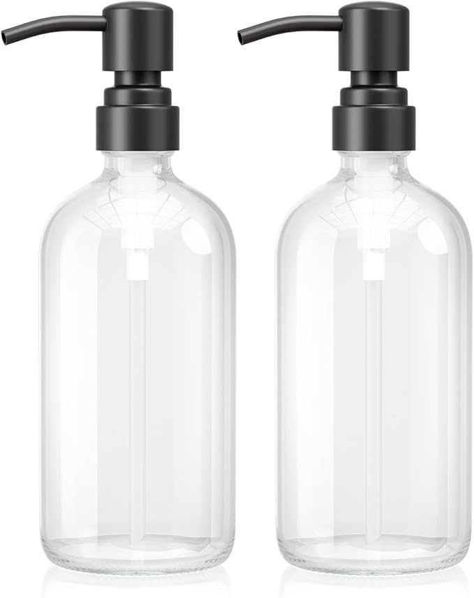 AmazerBath Soap Dispenser, 2 Pack Glass Soap Dispenser with Stainless Steel Pump, 17 Oz Bathroom Hand Soap Dispensers Bottle for Bathroom & Kitchen, Clear & Black
