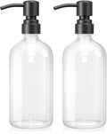 AmazerBath Soap Dispenser, 2 Pack Glass Soap Dispenser with Stainless Steel Pump, 17 Oz Bathroom Hand Soap Dispensers Bottle for Bathroom & Kitchen, Clear & Black