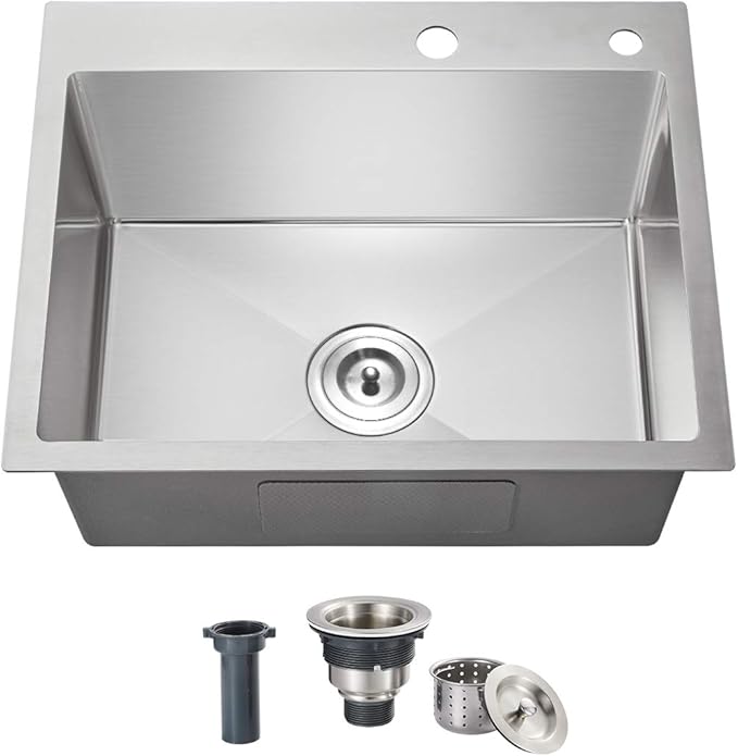 23x18 Inch Kitchen Sink, Handmade 304 Stainless Steel Sink, 9" Deep Single Bowl with Brushed Finish, Topmount with 2 Holes, R10 Tight Corner, for Modern Kitchen/RV/Outdoor Sink