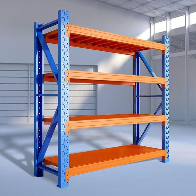 Industrial Metal Storage Shelves - Large, Heavy Duty, 4 Levels, Blue & Orange, Warehouse Racking - 23.62D x 78.74W x 78.74H