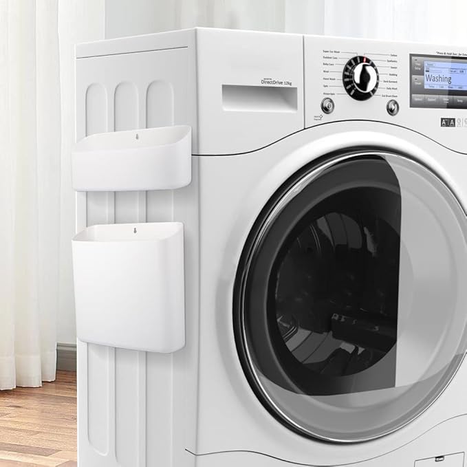 Picowe Magnetic Laundry Storage, 2 Pack Lint Holder Bin for Laundry Room, Space-Saving Trash Container Hanging on Dryer, Washer or Wall Mount Trash Bin (Gray White)
