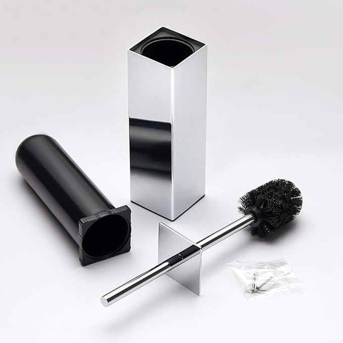 Chrome Square Stainless Steel Toilet Brush with Holder, 304 Modern Toilet Brush Set – Rust Resistant, Long Handle, Replacement Heads, Floor Standing Bathroom Toilet Cleaning Brush