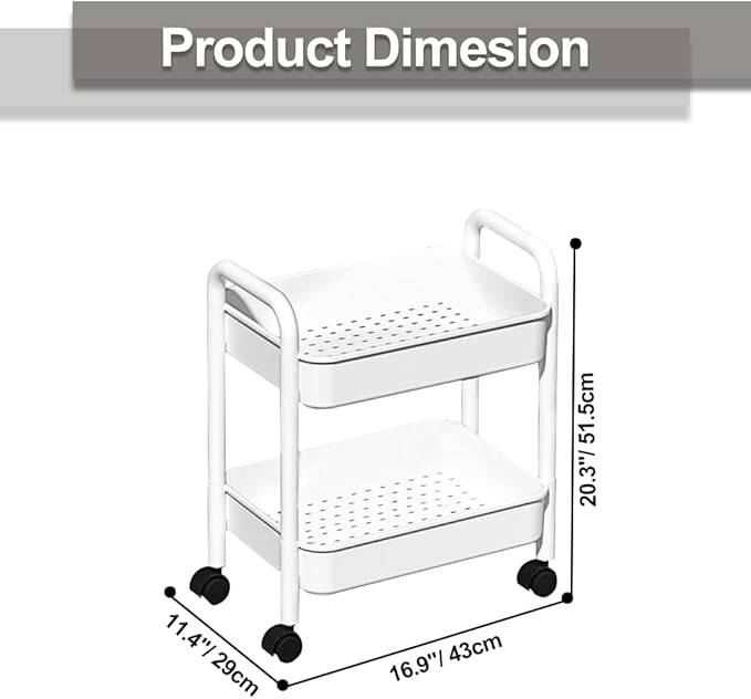 Melody House 2-Tier Utility Rolling Cart Storage Organizer Sofa Side Table with Wheels, Under Desk Mobile Trolley Organizer with Handle for Office Home Kitchen Organization, White