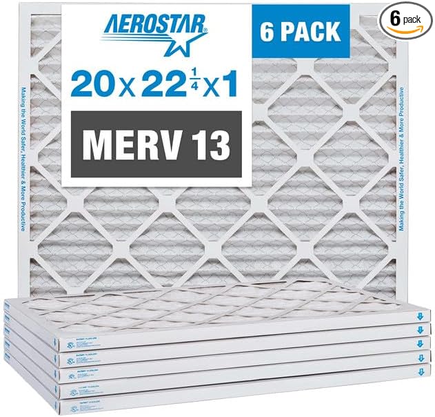 Aerostar 20x22.25x1 Air Filter MERV 13 (For Allergies, Dust, Lint, Mold, Pet Dander, Smoke, Smog & Bacteria) - Electrostatic MPR 1500-1900 & FPR 10 - Pleated HVAC AC Furnace Air Filters - Pack of 6