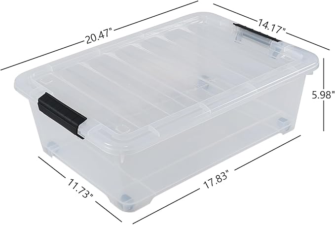 4 Pack 20 L Plastic Under Bed Storage Box with Lid, Clear Plastic Storage Bins Under Bed with Wheels