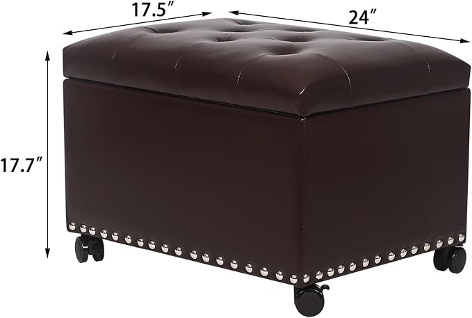 Joveco Leather Storage Ottoman with 360° Caster Wheels 24" Foot Rest Bench Rectangle Ottomans Stool for Living Room Bedroom (Brown, Wheels)