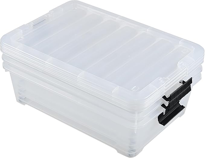 25 L Plastic Sturdy Rolling Under Bed Storage Container Bins, Clear Underbed Storage with Latching Lid and Wheels, 4 Packs