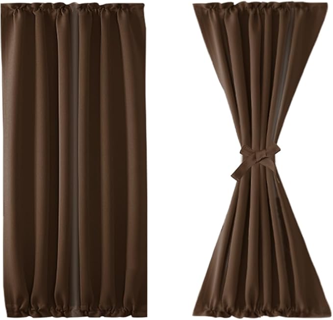 DWCN French Door Curtains – Rod Pocket Thermal Blackout Curtain for Doors with Glass Window, Kitchen and Patio Doors for Privacy, 25 X 40 Inch Length, 1 Curtain Panel with Tieback, Brown