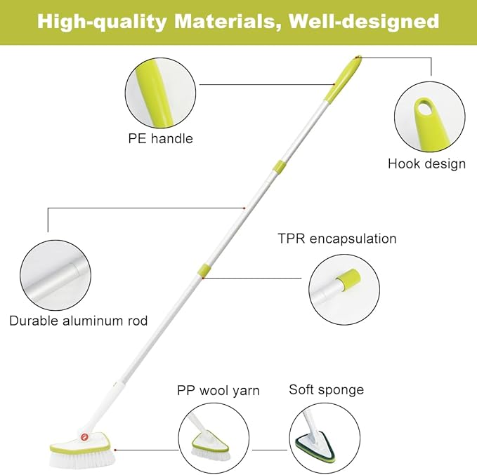 CQT 2 in 1 Bathroom Cleaning Brush with 48" Extendable Long Handle Detachable Scrub Brush with 2 Scrubber Heads and 2 Scouring Pad Head for Cleaning Bathtub Shower Bathroom Wall Bathtub Floor