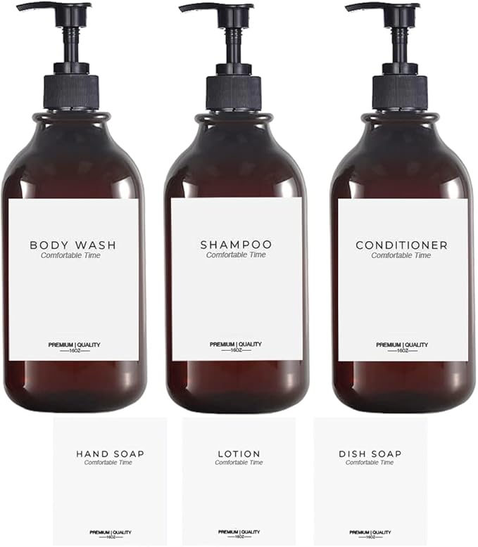 Apothecary Dispenser Bottle for Bathroom and Kitchen - 16oz Plastic Shower Pump Dispensers, Refillable for Shampoo Lotion Oil Shower Soap Hand Soap and Dish Soap (3 Pack, Amber)