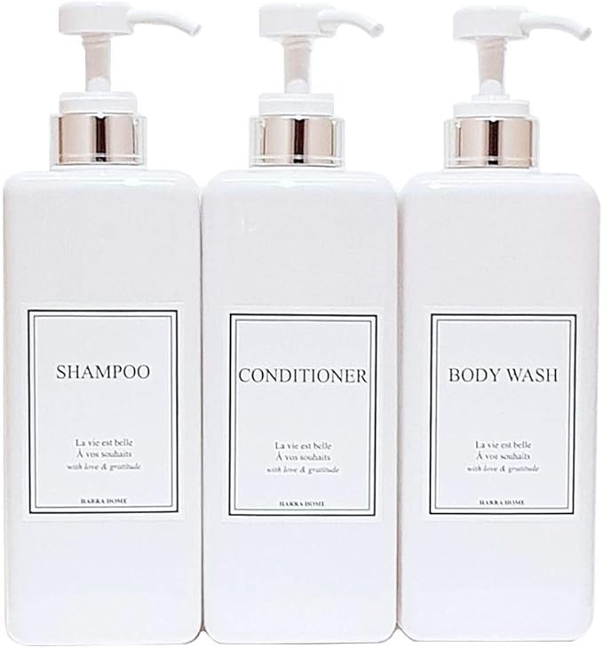 Modern Design Large 27 oz Shampoo and Conditioner Dispensers - Empty Plastic Refillable Pump Bottle Set for Bathroom Shower Soap Dispenser, Set of 3 (White & Silver)