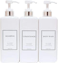 Modern Design Large 27 oz Shampoo and Conditioner Dispensers - Empty Plastic Refillable Pump Bottle Set for Bathroom Shower Soap Dispenser, Set of 3 (White & Silver)