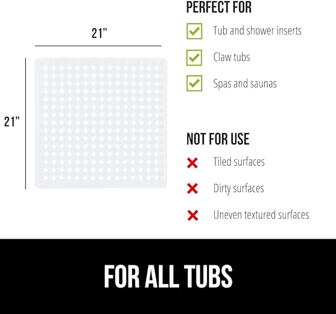 GORILLA GRIP Patented Square Shower Stall Mat, Small Bathtub Floor Mats for Stand Up Showers with Suction Cups and Drainage Holes, Machine Wash, Soft on Feet, Bathroom Accessories 21x21 Inch, White