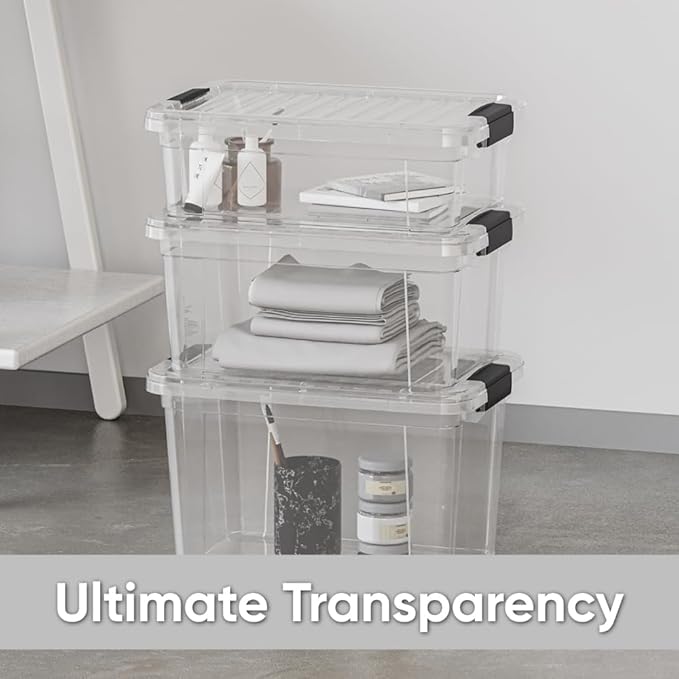 Superio Storage Bins with Lids, Clear Plastic Containers for Organizing, Stackable Totes, BPA Free, Odor Free, Organizer Boxes for Home, and Dorm (4 Pack, 14.7 Qt)