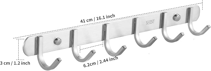 Coat Hook Wall Mount Towel Rack with 6 Hooks Hanger for Hanging Clothes, Bags, Keys, and Towels Bathroom, Entryway, Door, 304 Stainless Steel Brushed Nickel