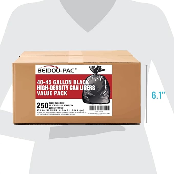 40-45 Gallon Lawn & Leaf Trash Bags, 250 Count Bulk, Black Garbage bags, Multi-purpose Trash Can Bin Liners for Home Commercial, Outdoor, Construction, Industrial
