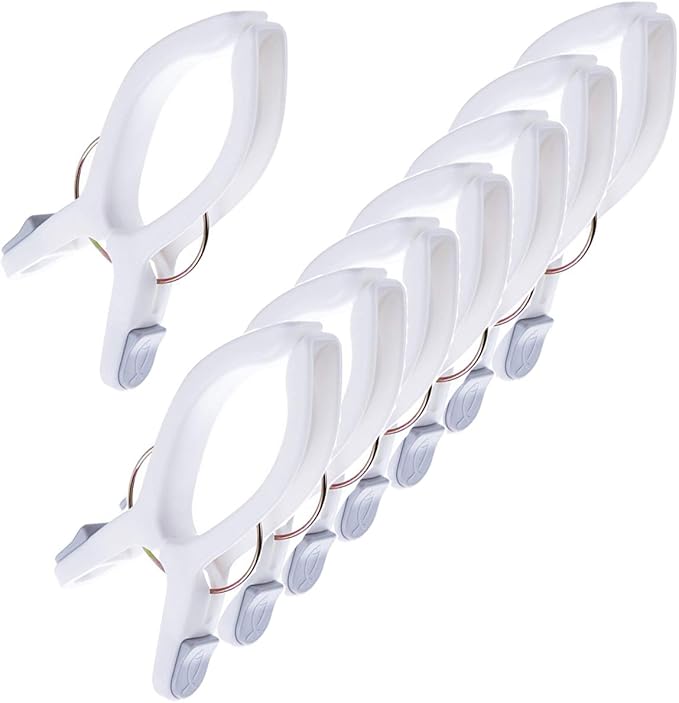 8 Pack Beach Towel Clips for Beach Chairs White Jumbo Size Towel Clamps Lounge Pool Chairs Plastic Clothes Pegs Hanging Clip Clamps Large for Cruise Vacation