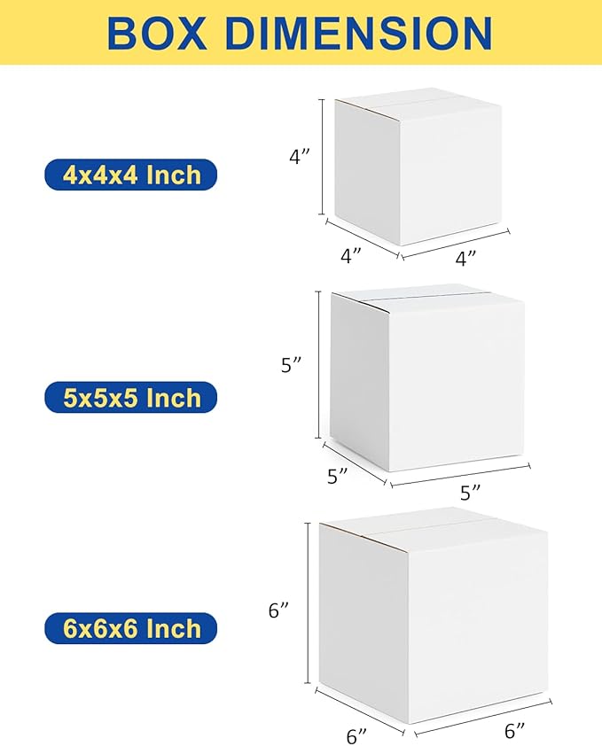 Assorted-Sizes-Shipping-Boxes-45-Pack: 4x4x4 & 5x5x5 & 6x6x6 Small-Shipping-Boxes-Mailers, White Corrugated-Cardboard-Boxes-for-Packing-Small-Business Mailing