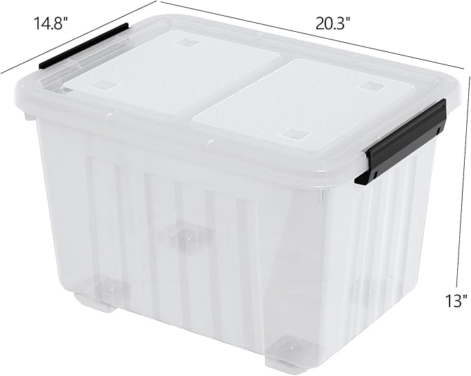 50 Quart Large Plastic Latching Box with Lid, Clear Storage Bin with Wheels, Stackable, 4 Packs
