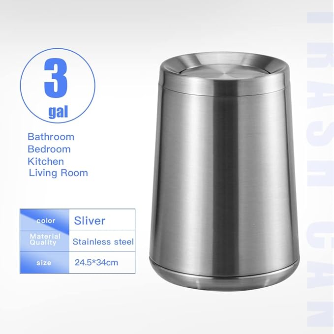 Household Swing Bathroom Trash Can，Brushed Stainless Steel，10 L/3 Gallen，Garbage Can with Flipping Lid， for Indoor or Commercial Use, Kitchen,Modern，Living Room,Bedroom