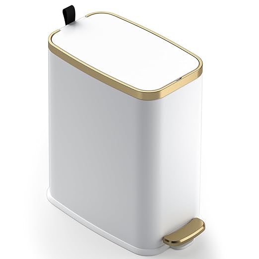 CEROELDA Small Bathroom Trash Can with Lid Soft Close-5L/1.3 Gal Slim Garbage Can-Metal Step Wastebasket-Rectangle Narrow Waste Bin for Office, Bedroom, Toilet, Live Room (White)