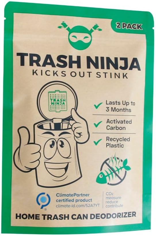 Trash Ninja Trash Can Deodorizer and Odor Eliminator (2 Pack) for Indoor Trash Cans Up to 10 Gallons, Made with Natural Activated Carbon - Lasts Up to 3 Months - Garbage Can Deodorizer to Control Odor