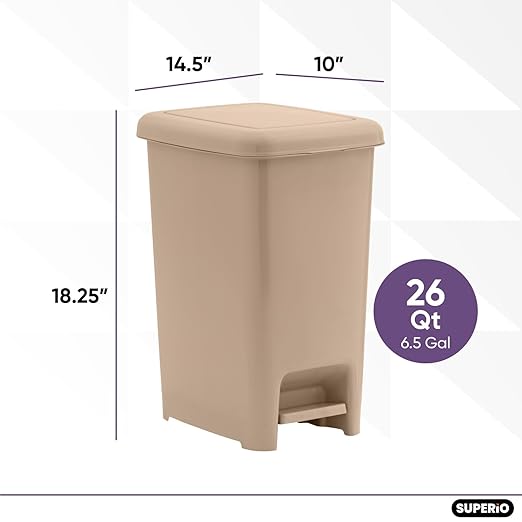Superio Slim Step On Trash Can, Beige Waste Bin with Foot Pedal Lid 26 Liter, Kitchen, Under Desk, Office, Bedroom, Bathroom (1, 6.5 Gallon)