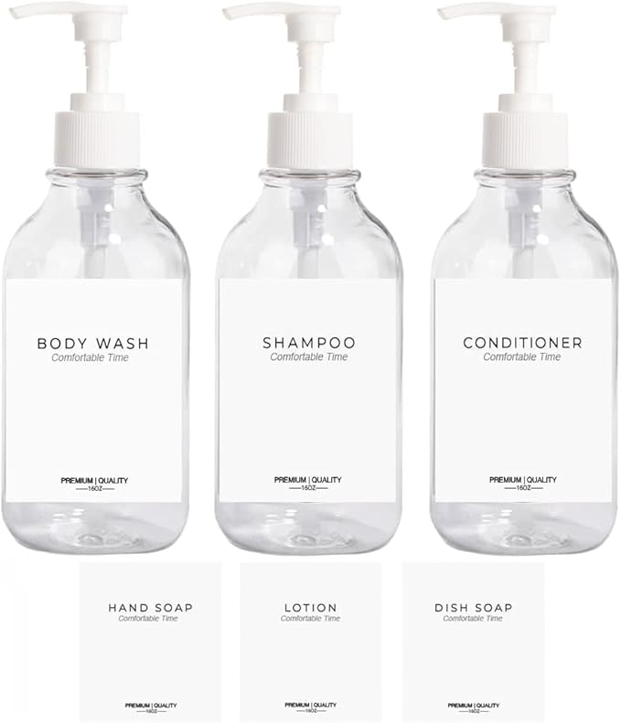 3 Pack of Shampoo and Conditioner Bottles - Apothecary Dispenser Bottle for Bathroom and Kitchen, Refillable Shampoo Bottles for Shampoo Lotion Oil Shower Soap Hand Soap and Dish Soap (Clear)