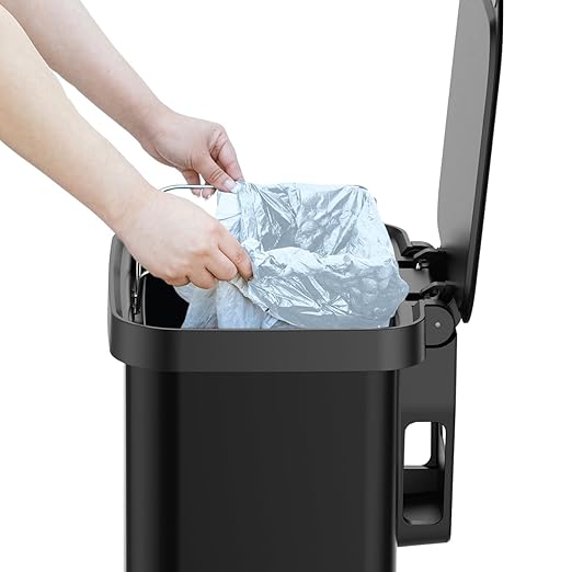 Glad Stainless Steel Step Trash Can, Series 2 with Clorox Protection - Large Black Kitchen Garbage Bin with Soft Close Lid, Foot Pedal and Waste Bag Roll Holder, 13 Gallon