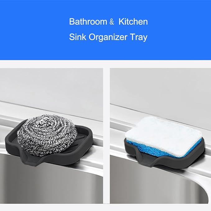 Sponge Holder with Drain Spout, Silicone Sponge Tray for Kitchen Sink, Rubber Soap Dish for Shower Bathroom (Black, 4.7" x 3.6")