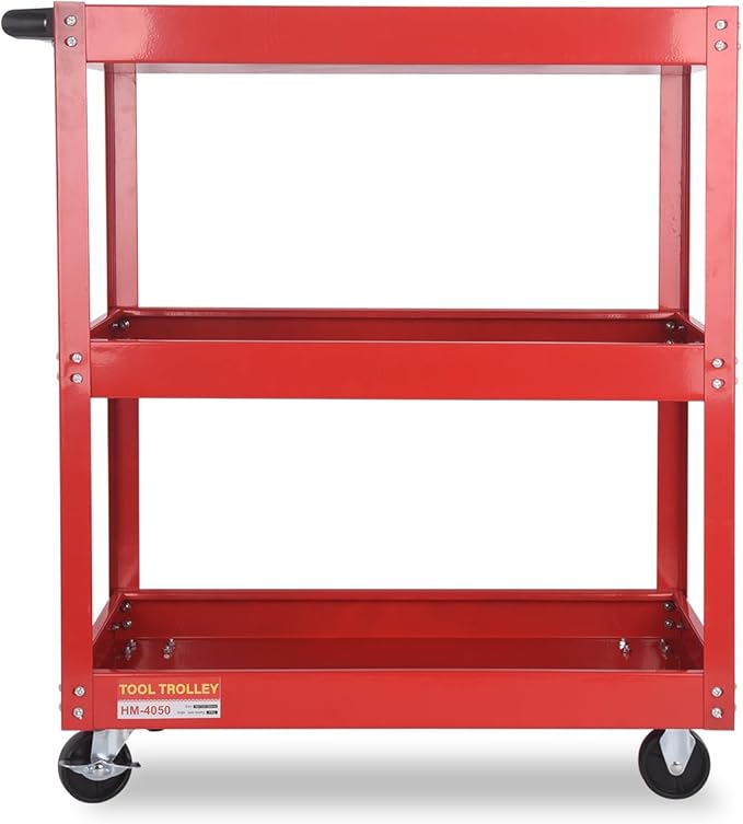 3-Tier Commercial Utility Cart with Brake Wheels, Sturdy Steel Construction, 110 lbs Capacity, Red