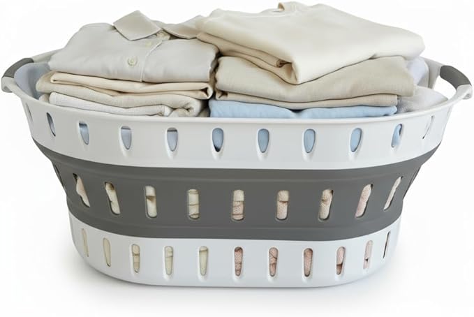 Premium Collapsible Laundry Baskets – Foldable Laundry Basket & Hamper Bin 45L with Handles for Clothes, Ventilated Plastic Storage, White & Grey for Bedroom, Bathroom or Laundry Room