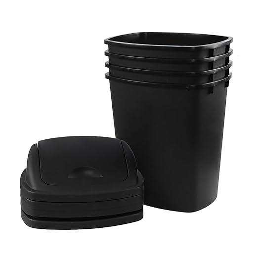 4 Pack Swing Top Trash Can, 6 Gallon Plastic Garbage Bins with Swing Lid, Black