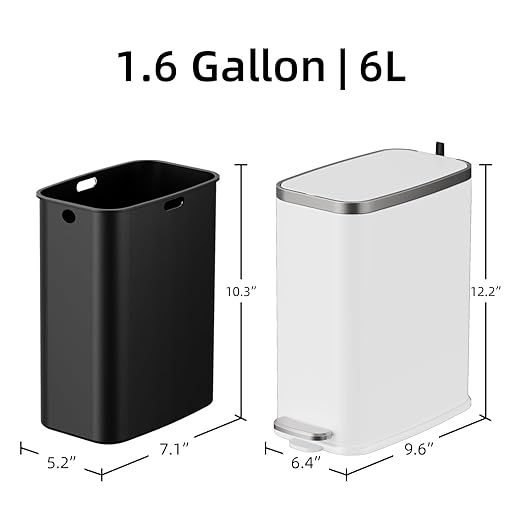 Stainless Steel Bathroom Trash Can with Lid Soft Close,1.6 Gallon Slim Garbage can,Small Metal Step Wastebasket for Office, Bedroom, Toilet, White