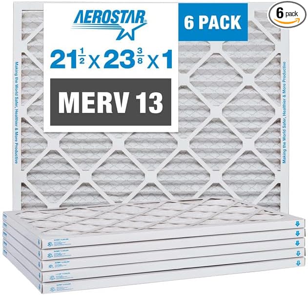 Aerostar 21 1/2x23 3/8x1 MERV 13 Pleated Air Filter, AC Furnace Air Filter, 6 Pack (Actual Size: 21 1/2" x 23 3/8" x 3/4")