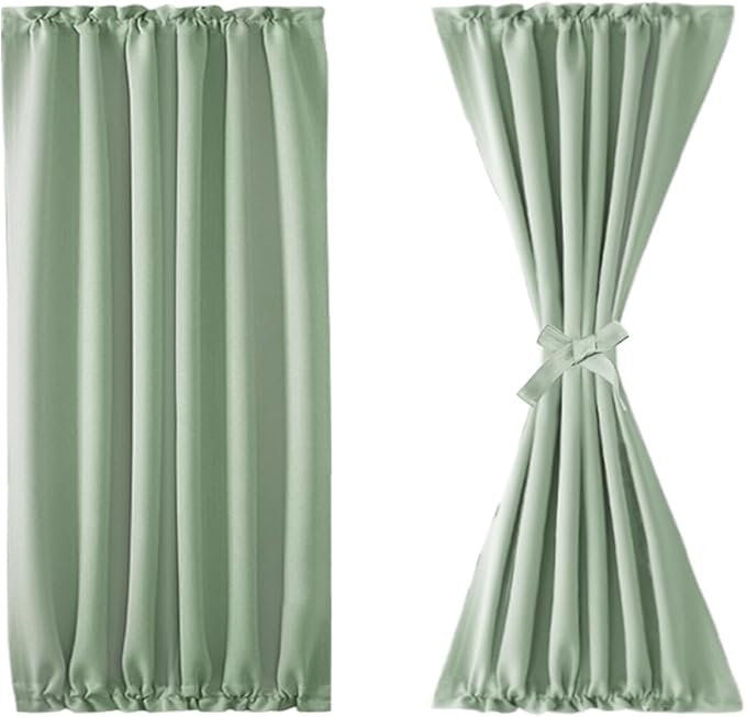 DWCN French Door Curtains – Rod Pocket Thermal Blackout Curtain for Doors with Glass Window, Kitchen and Patio Doors for Privacy, 25 X 40 Inches Long, 1 Curtain Panel with Tieback,Bean Green