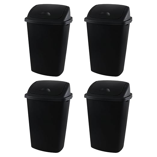 13 Gallon Black Outdoor Garbage Can with Swing Lid, Heavy-Duty Construction Trash Can, 4 Pack