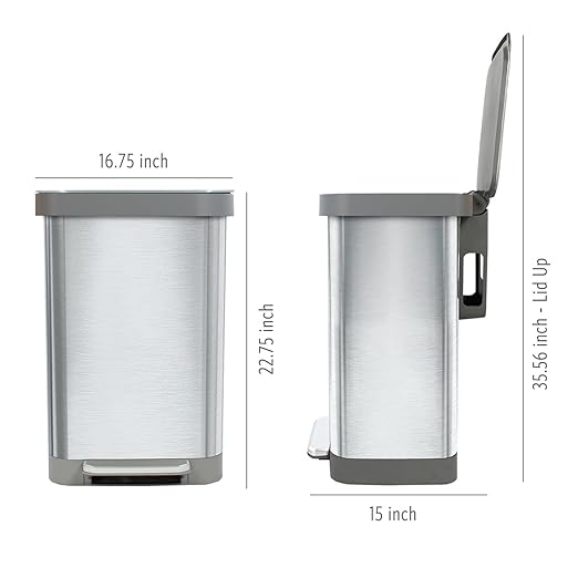 Glad Stainless Steel Step Trash Can, Series 2 with Clorox Protection - Large Metal Kitchen Garbage Bin with Soft Close Lid, Foot Pedal and Waste Bag Roll Holder, 13 Gallon