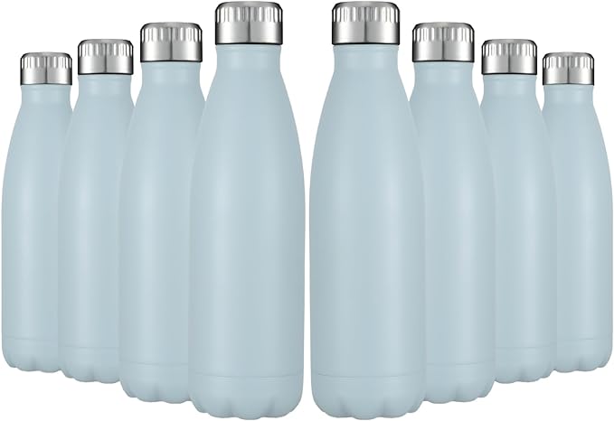 HASLE OUTFITTERS 17oz Stainless Steel Water Bottles Bulk, Vacuum Insulated Water Bottles Double Walled Reusable Metal Sports Water Bottles Keep Drinks Hot and Cold, Light Blue, 8Packs