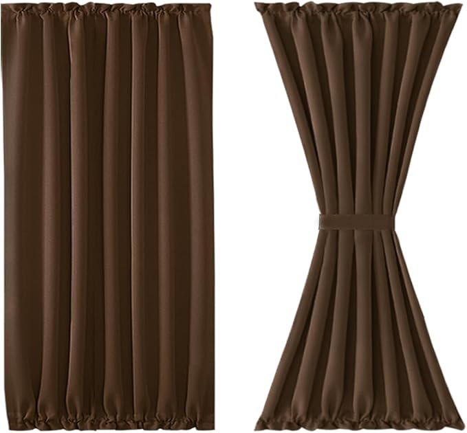 DWCN French Door Curtains – Rod Pocket Thermal Blackout Curtain for Doors with Glass Window, Kitchen and Patio Doors for Privacy, 54 X 40 Inch Length, 1 Curtain Panel with Tieback, Brown