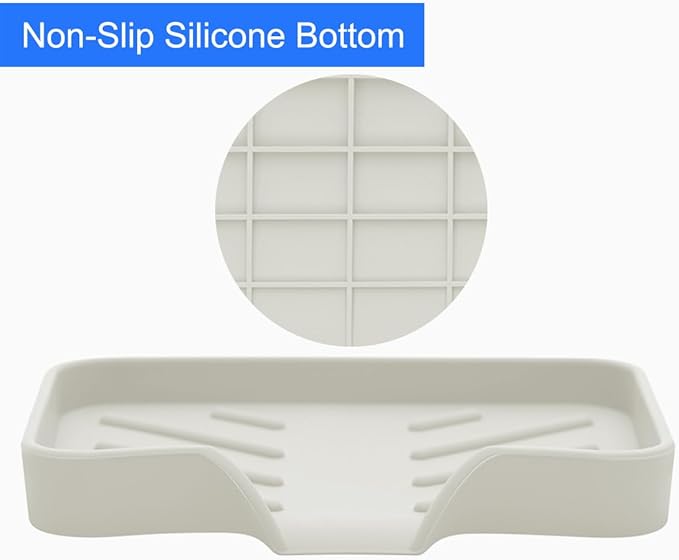 Sponge Holder with Drain Spout, Silicone Sponge Tray for Kitchen Sink, Rubber Soap Dish for Shower Bathroom (Beige, 4.7" x 3.6")