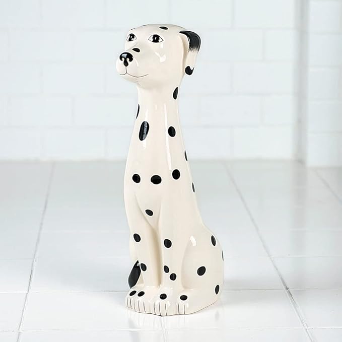 Allure Home Creation Dalmatian Dog White & Black 2-Piece Ceramic Toilet Brush Holder w/White Plastic Handled Scrub Brush, 9.4” x 5.3” x 16.7”
