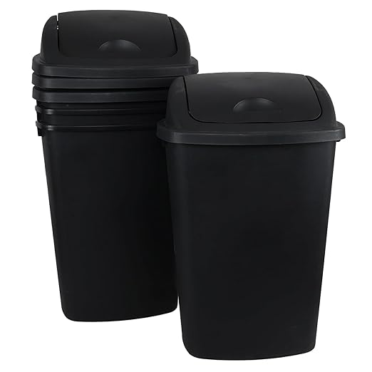 13 Gallon Garbage Can with Swing Lid, Plastic Kitchen Trash Can, 4 Pack, Black