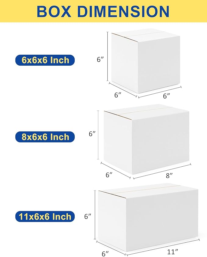 Assorted-Sizes-Shipping-Boxes-45-Pack: 6x6x6 & 8x6x6 & 11x6x6 Small-Shipping-Boxes-Mailers, White Corrugated-Cardboard-Boxes-for-Packing-Small-Business Mailing