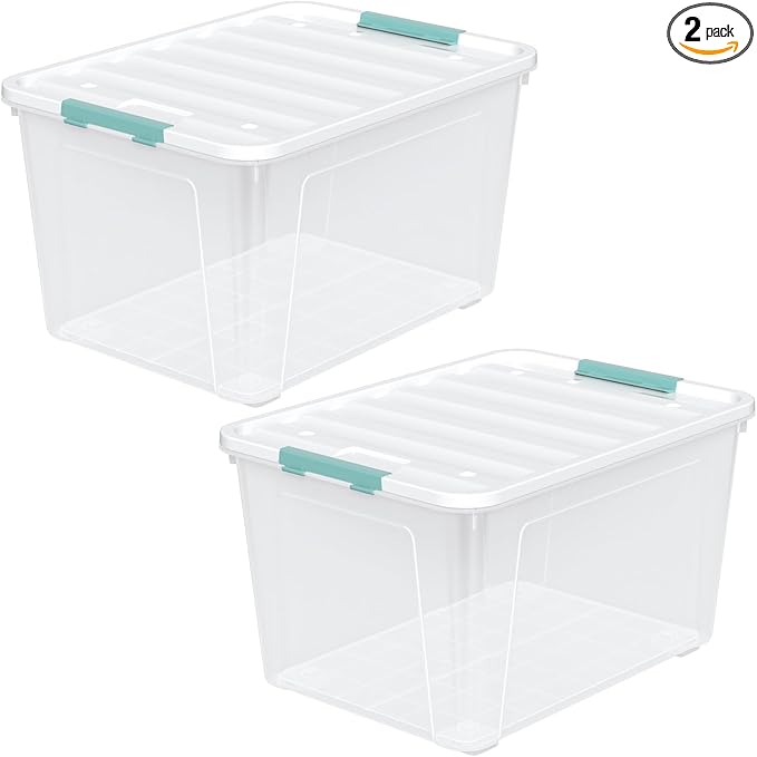 Zopnny 2-Pack Large Latching Box, 85 Quart Plastic Storage Bin with Lid, Stackable Totes w/Wheels, Clear