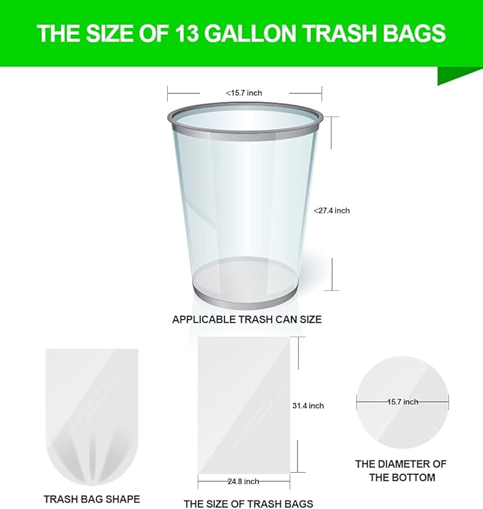 FORID 13 Gallon Trash Bags - Clear Plastic Garbage Bags Medium Tall Trash Can Liners for Kitchen Office Home Waste Bins Unscented One Box with 5 Roll 110 Count 55 Liter - Thick & Durable Trash Bag