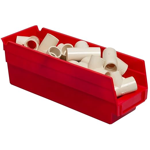 Akro-Mils 30120 Plastic Shelf Bins, Heavy Duty Storage Bins for Garage, Closet, and Drawer Organization, 12-Inch x 4-Inch x 4-Inch, Red, 24-Pack