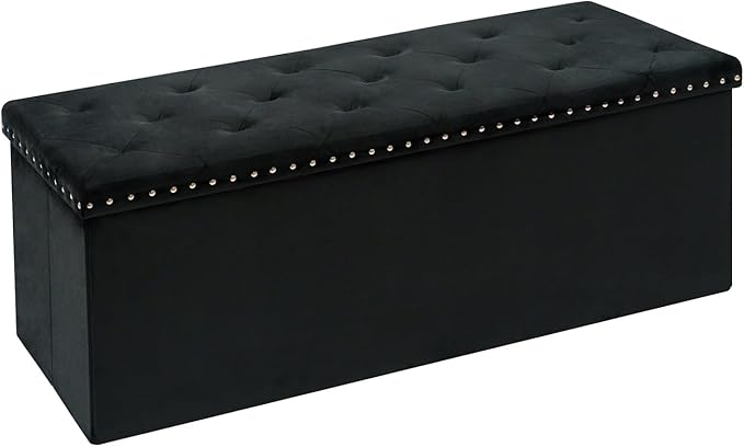 Velvet Storage Ottoman Bench, 43.3" Folding Ottoman with Rivet Trim, Heavy-Duty Upholstered Entryway Bench, Sturdy Footrest and Seat for Bedroom, Living Room, Holds up to 660 LBS, Black