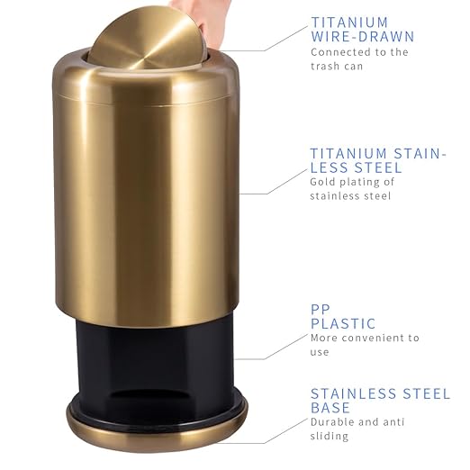 Waste Can 3 Gallon with Swing Lid，Brushed Stainless Steel Gold Trash Can，Metal Cylindrical Garbage Can，Brass Wastebasket Bin for Bathroom,LivingRoom,Office,Kitchen,Bedroom,Hotel (Gold)