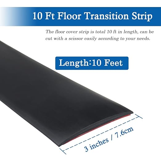 Floor Transition Strip Self Adhesive Floor Cover Strips Laminate 3" Wide Vinyl Flat Divider Transitions (7.5cm, 10Ft, Black)